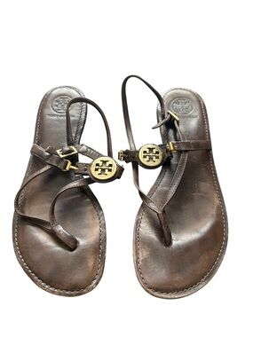 Tory Burch Brown Leather Logo Thong Sandals